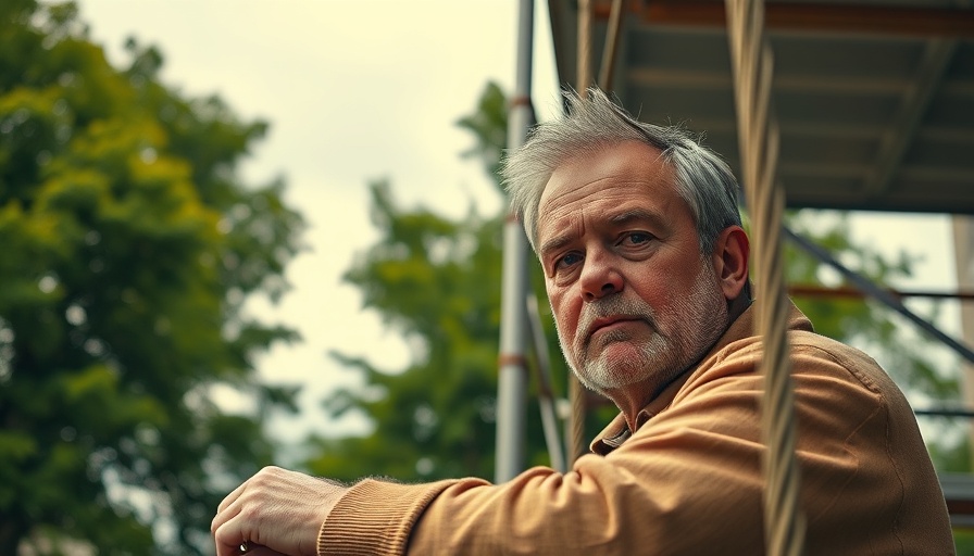 Middle-aged man engaging in home improvement on a rooftop with lush trees.