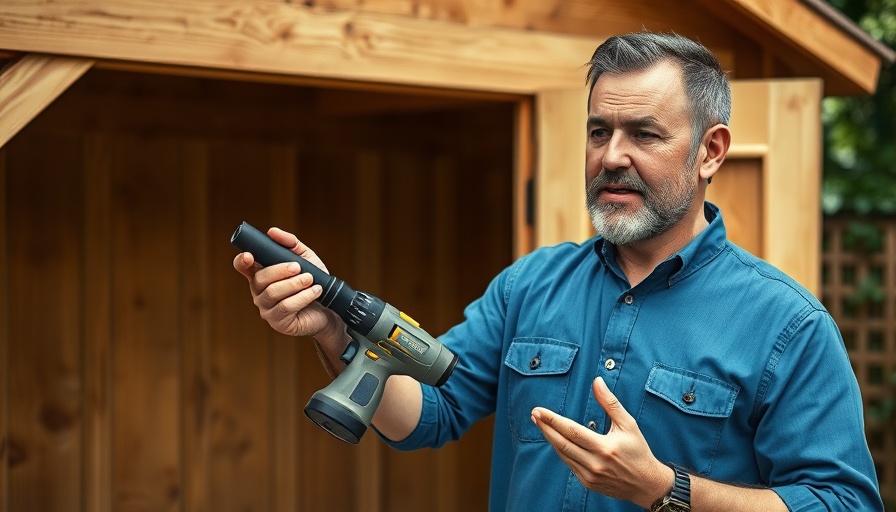 Man explaining how much it costs to build a shed in front of a wooden shed.