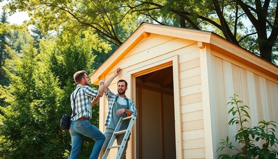 Two men constructing a simple garden shed amidst trees.