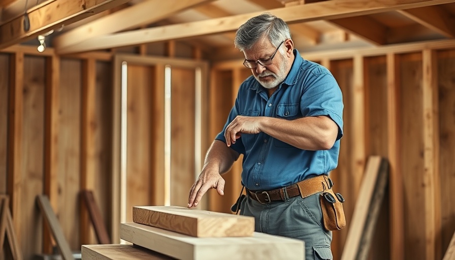 Middle-aged man in a wooden shed working on home improvement.