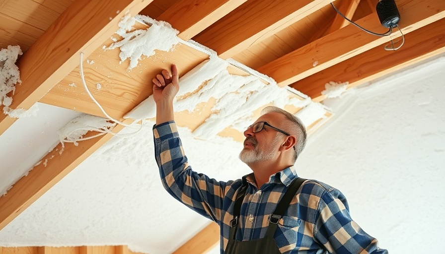 Man preparing insulation for spray foam in an attic, visible beams.