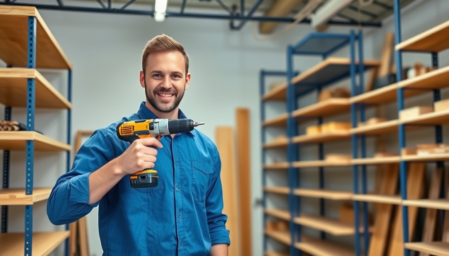 Confident man demonstrates strongest easiest shelving system in workshop.