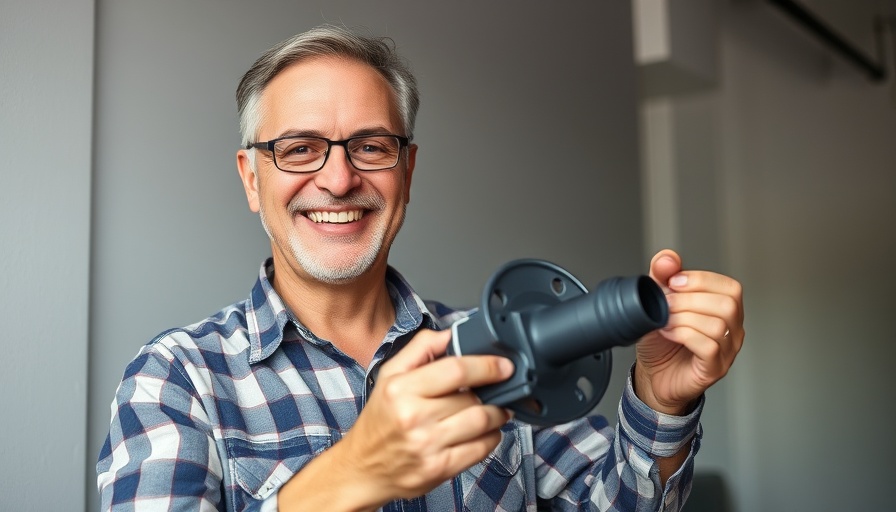 Friendly man offering home improvement tips, holding a plumbing component.