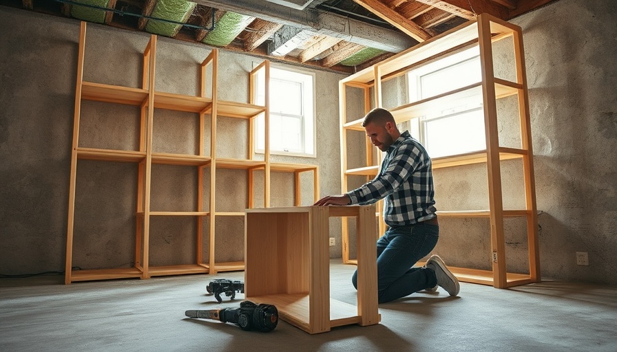 Person assembling DIY shelving system in unfinished basement.