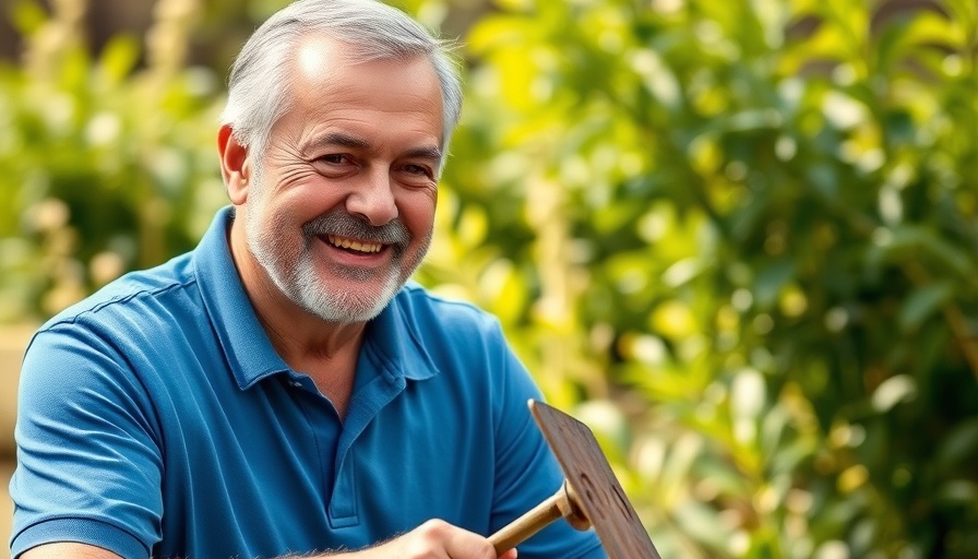 Smiling man in blue shirt holding a garden tool in a lush garden.