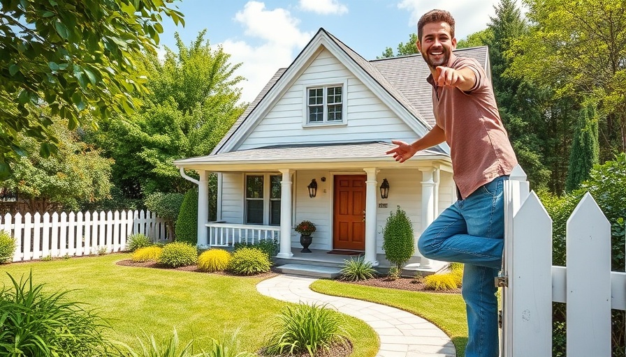 Charming house after home improvement with joyful man pointing