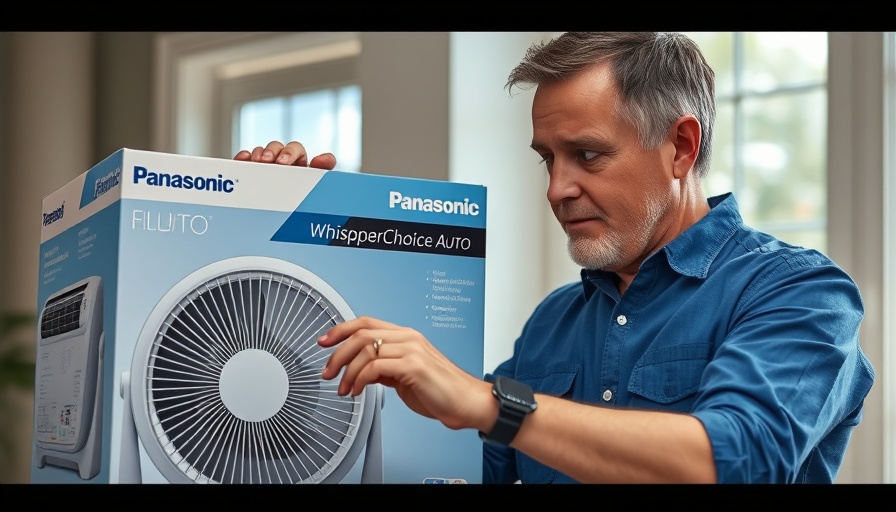 Man investigates Panasonic WhisperChoice AUTO fan box indoors.