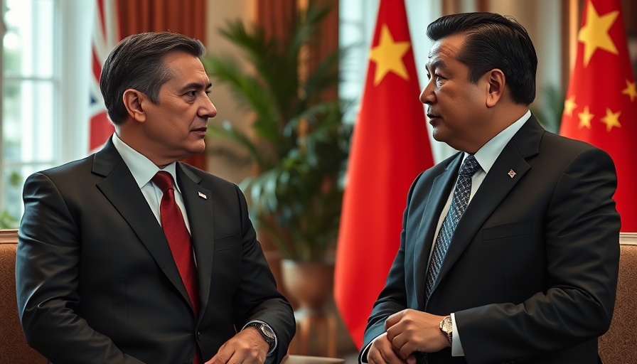 Diplomatic meeting between officials beside UK and China flags.