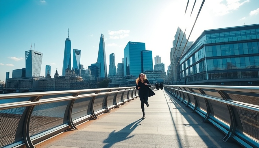 A woman walks on a bridge with London's skyline behind; UK economy contraction May 2023.