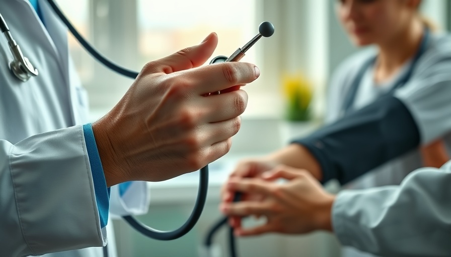 Senior's blood pressure check by doctor in bright clinic.