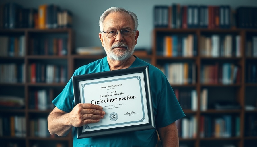 Veterinarian holding a certificate with a serious expression.
