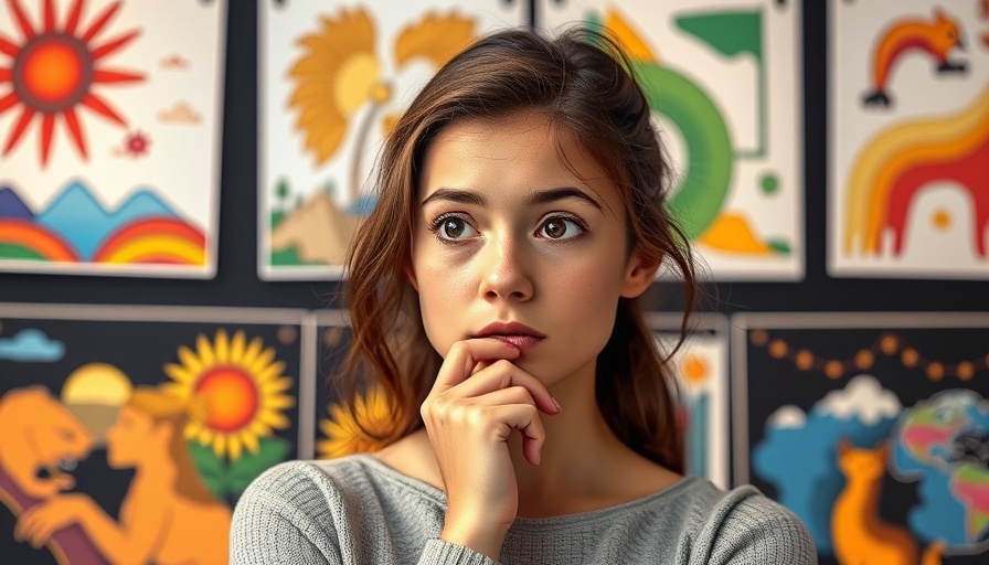 Woman pondering over landscape design planning, vibrant plans in background