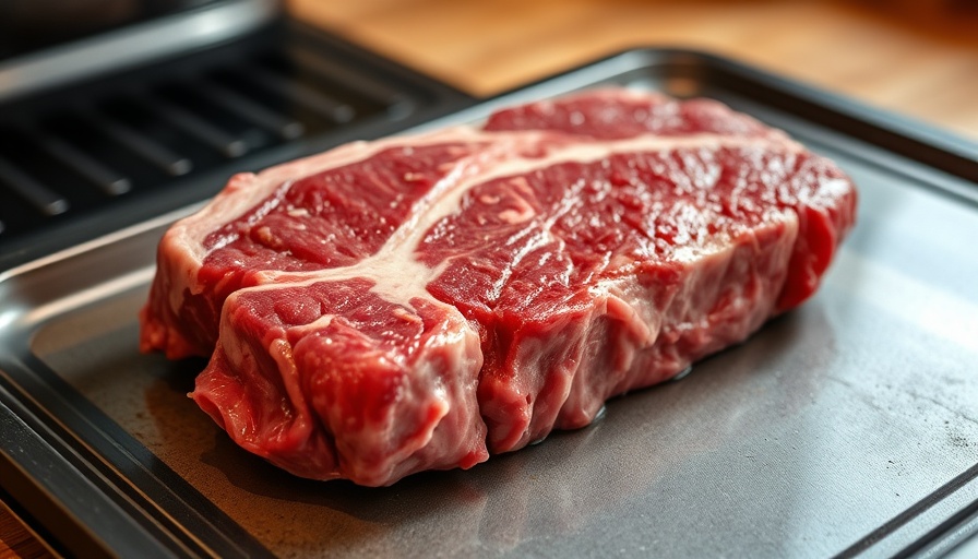 Defrosting tray with raw steak on kitchen counter.