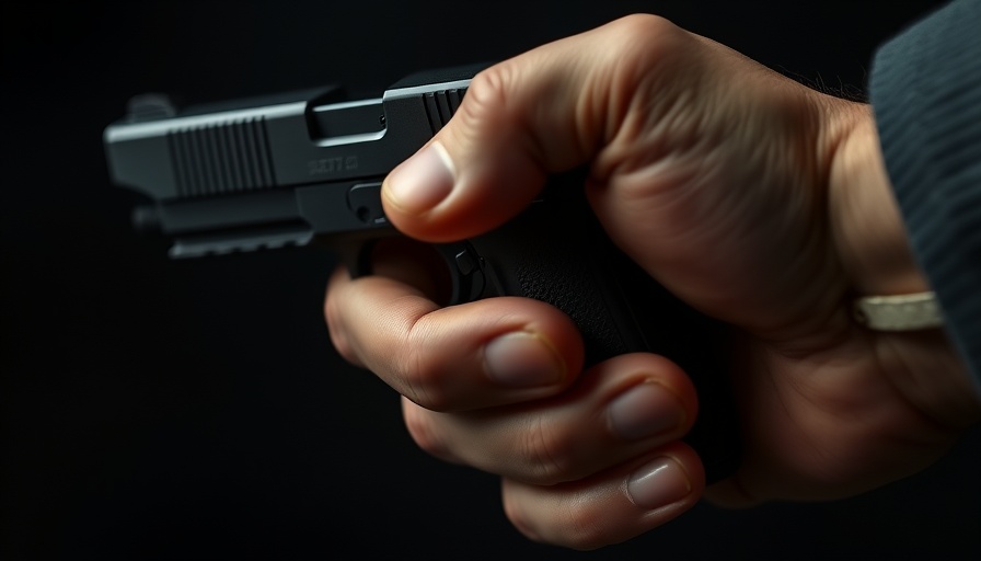 Hand holding handgun in dark setting related to Gaya incident.