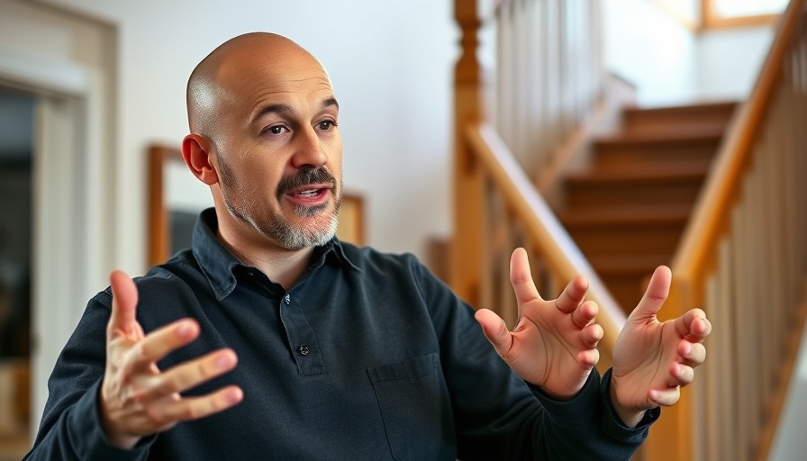 Bald man discussing home renovation indoors, fix squeaky stairs.