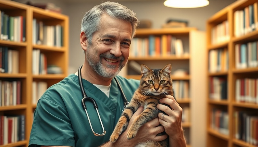 Veterinarian with tabby cat in a cozy office, upselling in veterinary practice.