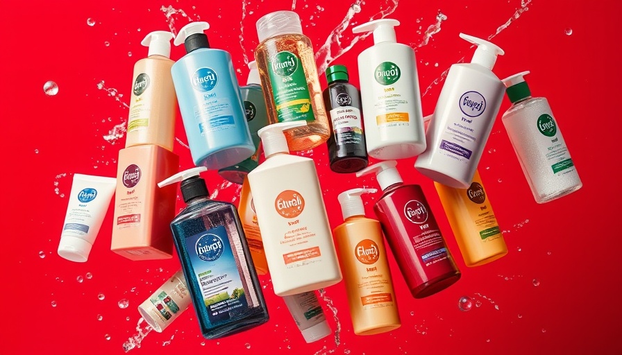 Assortment of top exfoliating body washes on red background.