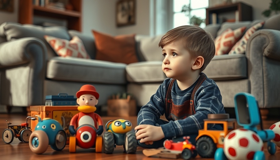 Young boy reflecting among toys, illustrating the healing power of returning to childhood home.