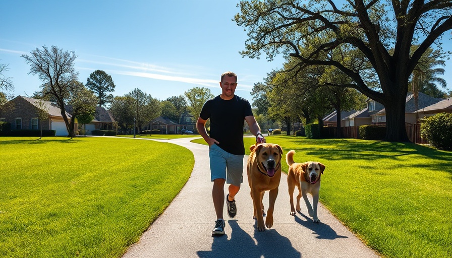Man walking dogs on sunny path; awareness of heat stroke in dogs.