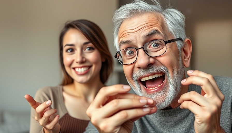 Intriguing split image of tooth loss discussion by young woman and elderly man with dentures.