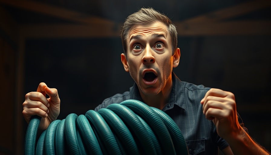 Surprised man with garden hose, What I would have done expression, dark background.