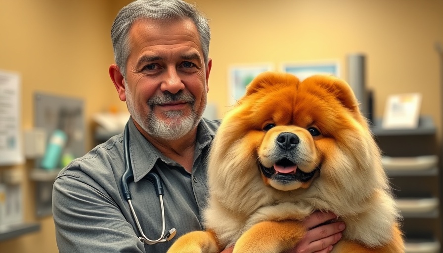 Man preventing dog heatstroke, holding Chow Chow in clinic.
