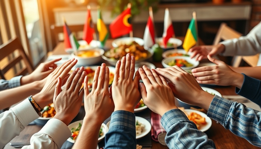 Cultural differences in the workplace depicted through diverse hands and international cuisine.