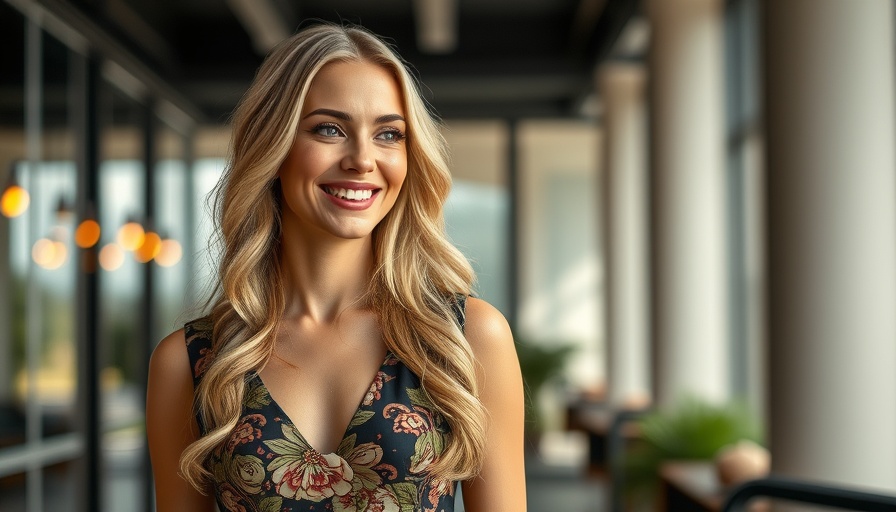 Stylish woman in ornate floral dress, candid smile indoors.