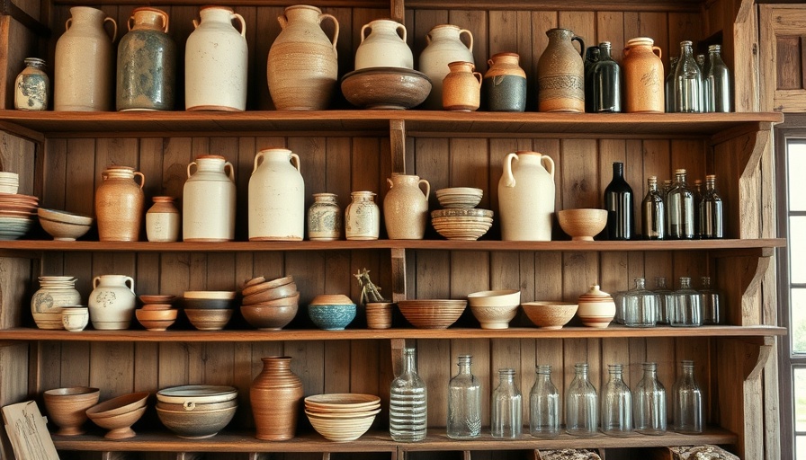Vintage ceramics and glass bottles in antique shop display.