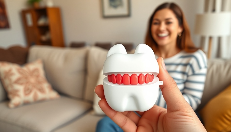 Dental model-themed earbuds case held by a person, woman smiling beside it.