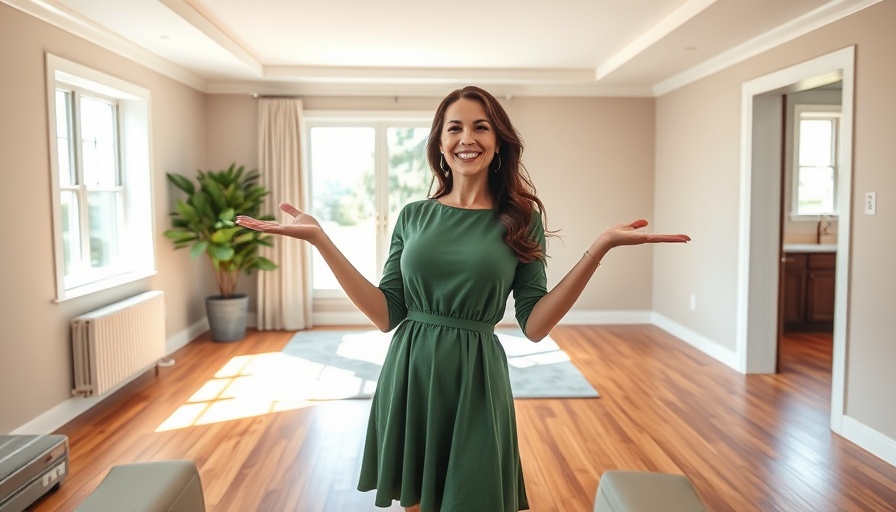 Woman presenting renovated 70s home, hardwood floors, bright room.
