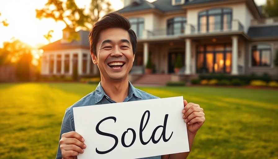 Man celebrating home sale in front of mansion at sunset.