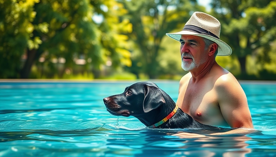 Dog drowning prevention training in pool with man and dog.