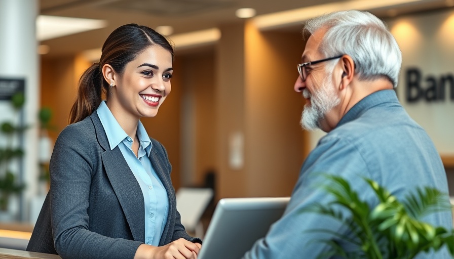 Friendly bank teller helping a retiree in a modern bank.