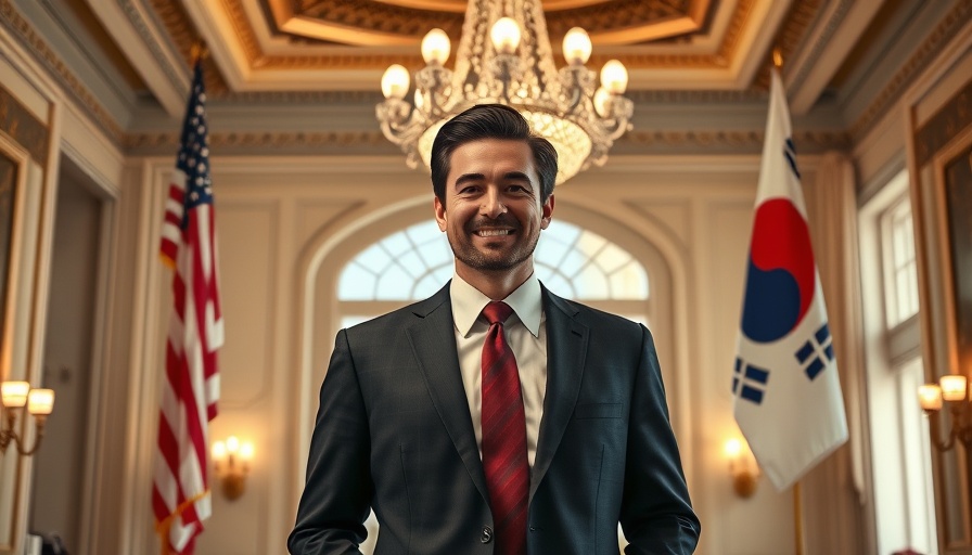 Confident man standing with US and South Korean flags in an elegant room.