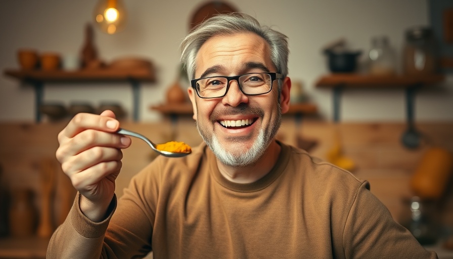 Enthusiastic man promoting turmeric for pet health in kitchen.