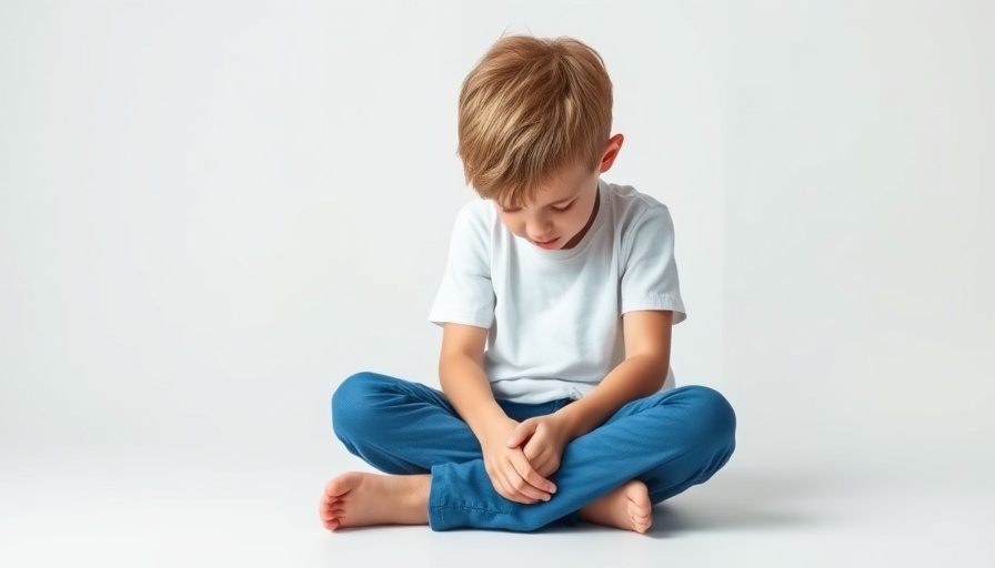 Child coping with anxiety, white t-shirt, white background.