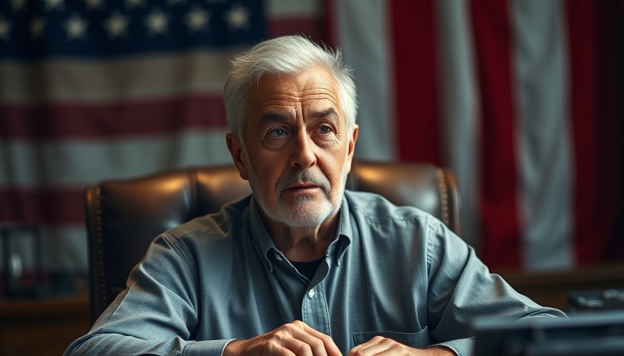 Man sitting at desk with American flag background, pet care discussion.