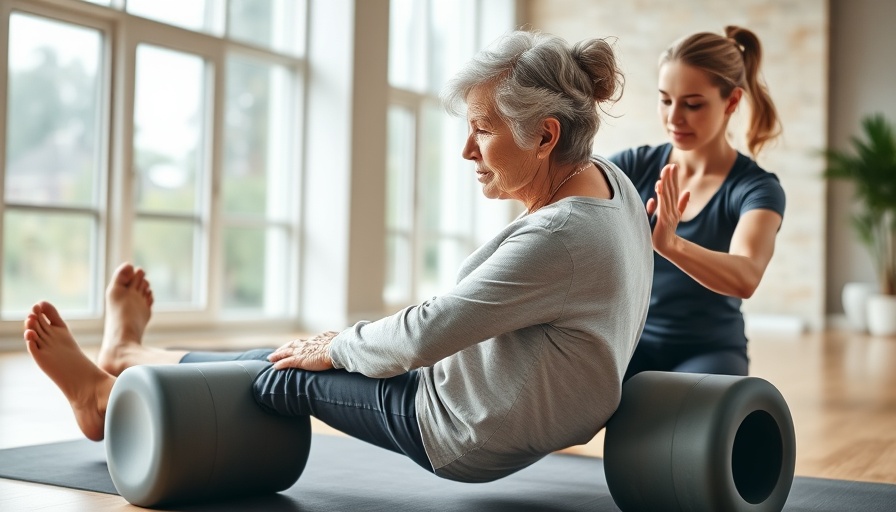 Older woman with foam roller assisted by instructor in exercise studio.