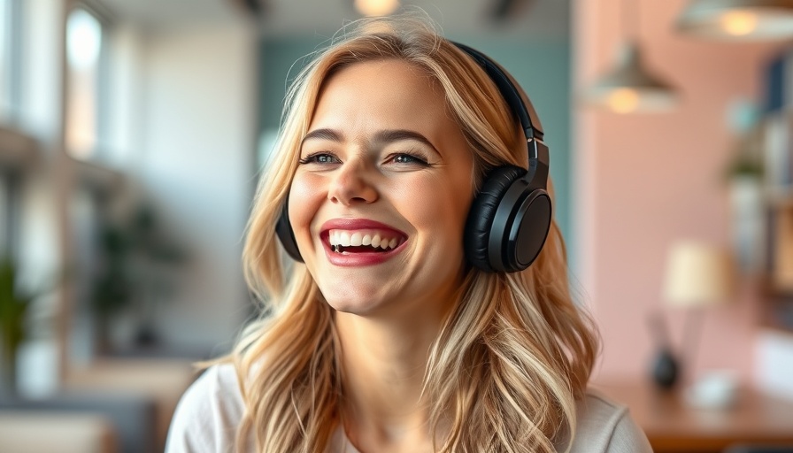 Happy woman in casual setting referencing mortgage interest rates drop.