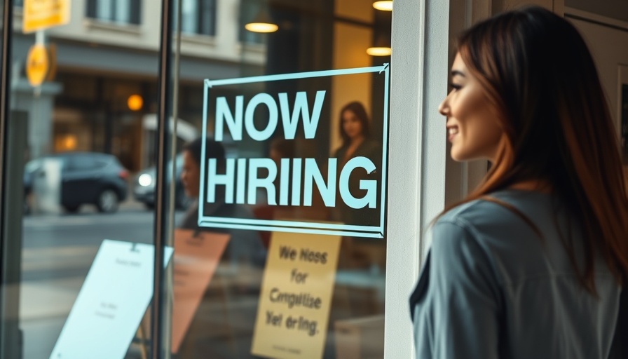 Woman entering store with 'Now Hiring' sign, retail setting.