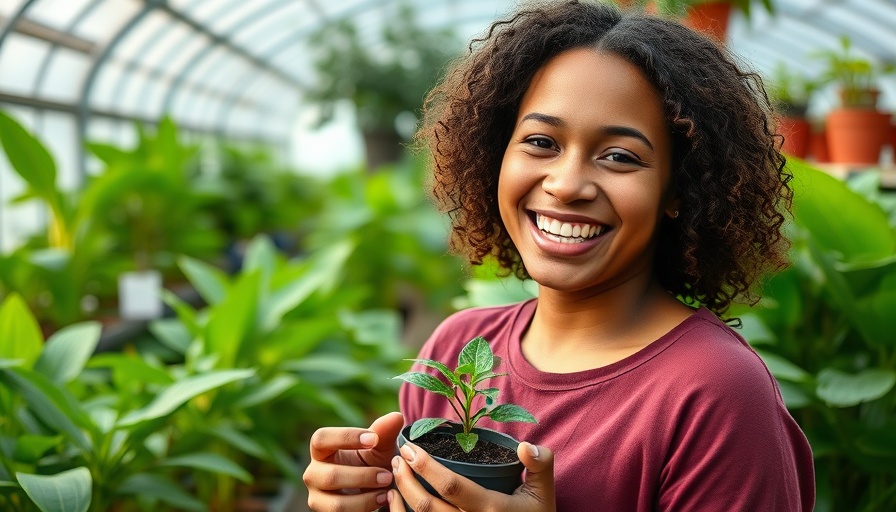 Smiling woman in greenhouse holding potted plant to save money on plants.