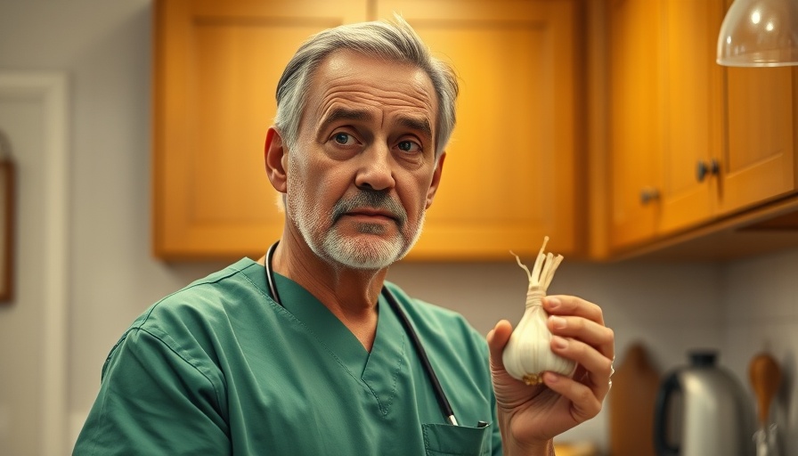 Man in green scrubs holding garlic in a kitchen for dog and cat health.