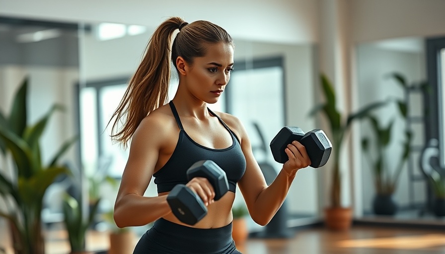 Athletic woman exercises with dumbbells to reduce inflammation in a modern studio.