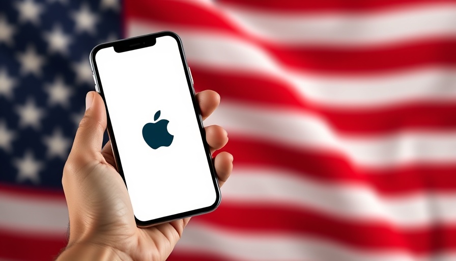 Apple logo on phone with U.S. flag backdrop, symbolizing tariff impact on iPhone prices.