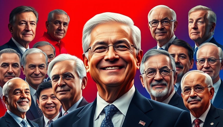 Collage of leaders with central smiling figure in red-blue theme, symbolizing Trump tariffs diplomatic strategy.
