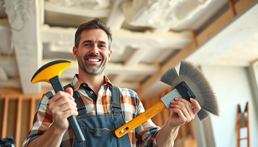Middle-aged worker sharing plastering tips at home improvement site.