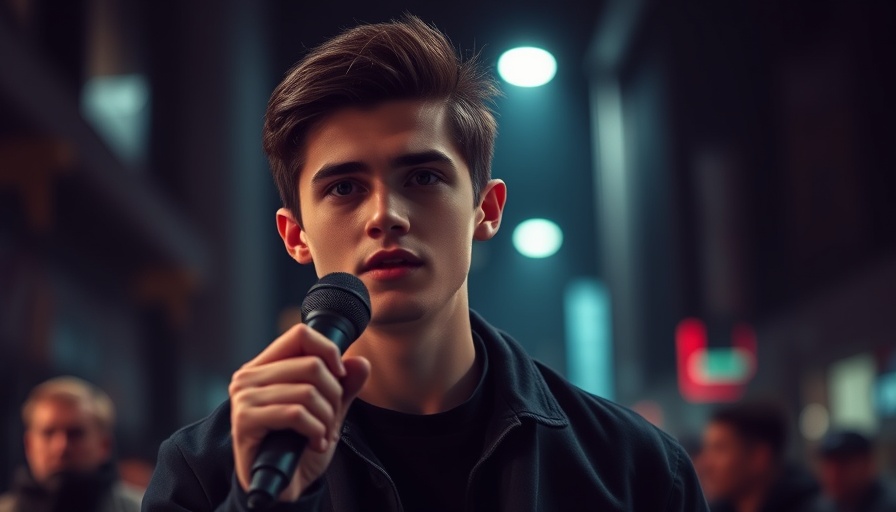 Confident young man speaking into microphone in urban setting, socialism in urban politics.