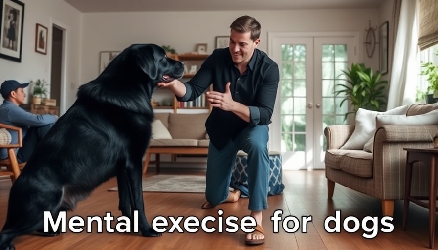 Man engaging dog in mental stimulation exercise in living room.