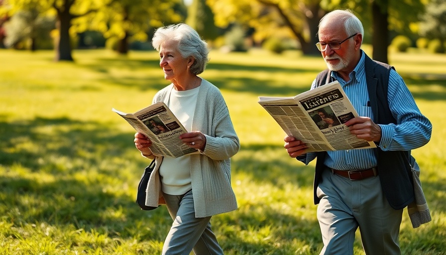 Elderly couple walking in a park discussing stride changes for arthritis pain relief.
